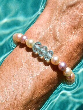Pearl Bracelet w/Aquamarine, Gemstone Stretch Bracelet, Dainty Jewelry Gift
